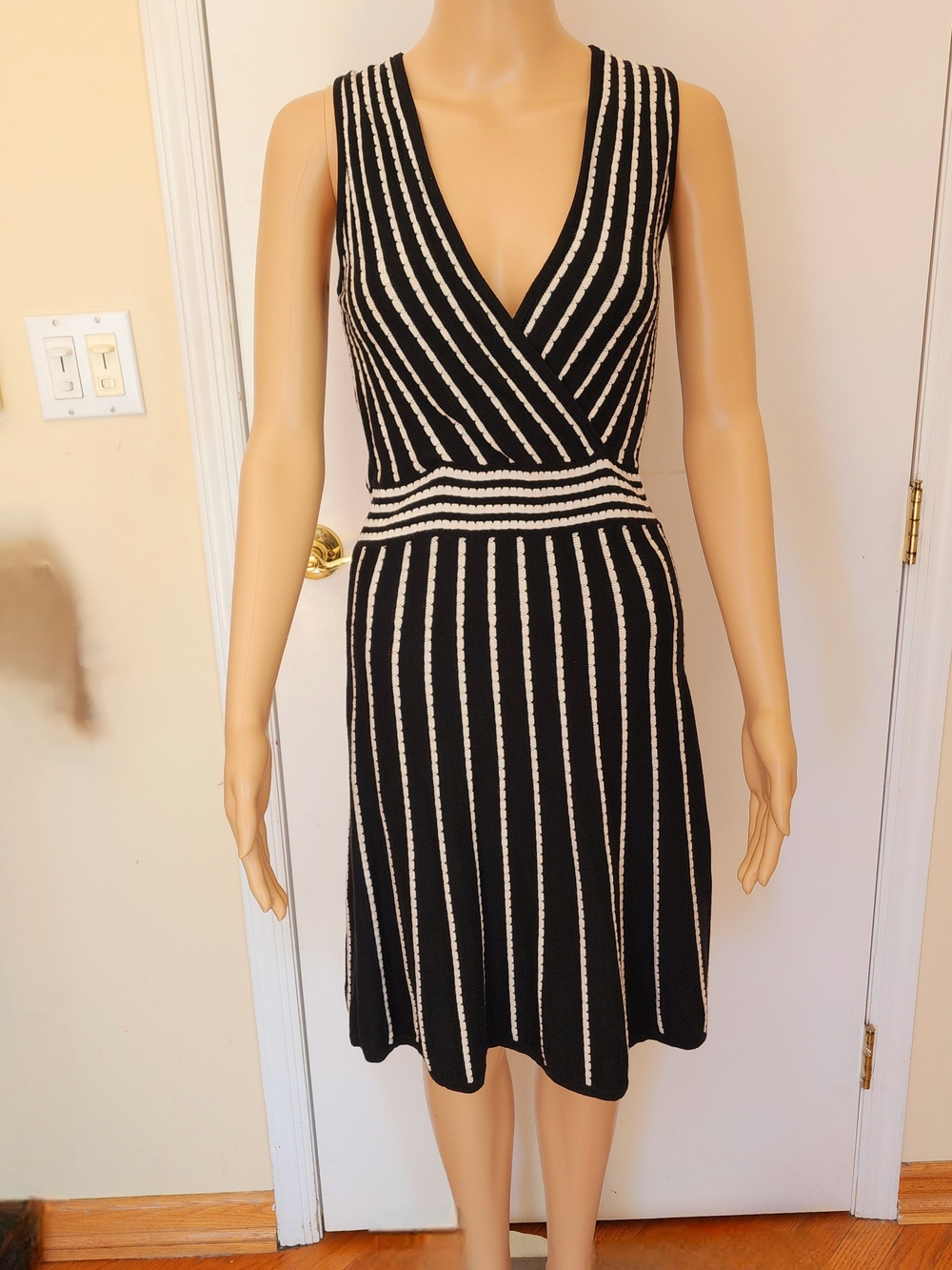 Spense Black and Cream Striped V-Neck Midi Dress
